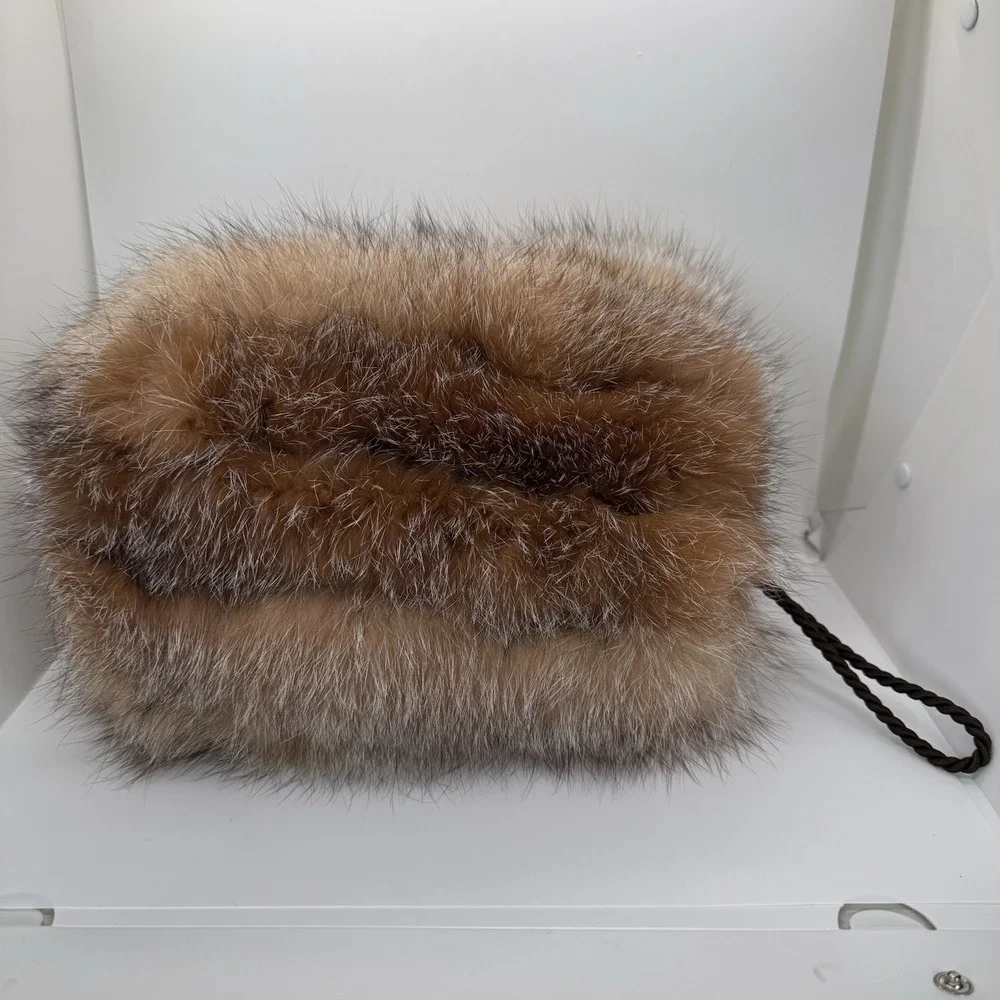 Fur Womens Hand Muff Hand Warmer Braided Wrist Strap Inside Zippered Pocket